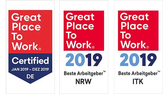Das Bild zeigt die drei Logos Great Place to Work Certified 2019, Great Place to Work Beste Arbeitgeber NRW 2019 und Great Place to Work Beste Arbeitgeber ITK 2019