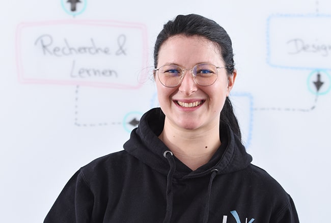 Eine junge Frau namens Josi steht vor einem beschrifteten Whiteboard bei BROCKHAUS AG und lächelt in die Kamera. Sie trägt einen schwarzen Hoodie und hat dunkle Haare.