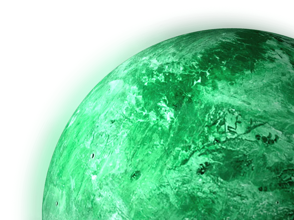 Illustration eines grünen Planeten, der für die Werkstudentenstellen bei der BROCKHAUS AG steht, repräsentiert die Verbindung von Studium und praktischer Arbeitserfahrung in der IT-Branche.